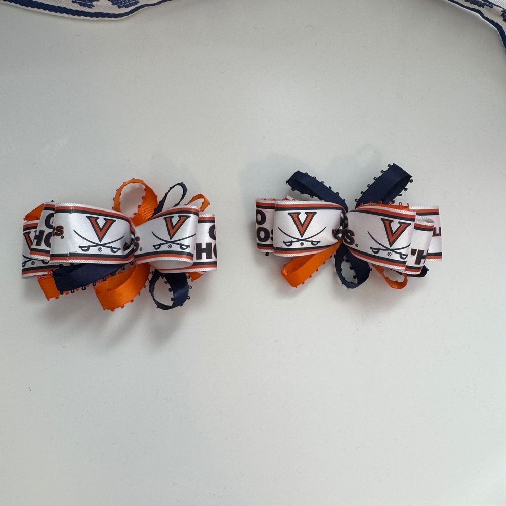 University of Virginia UVA Cavaliers Hair Bow Set Navy Orange Loopy Ribbon 2pc